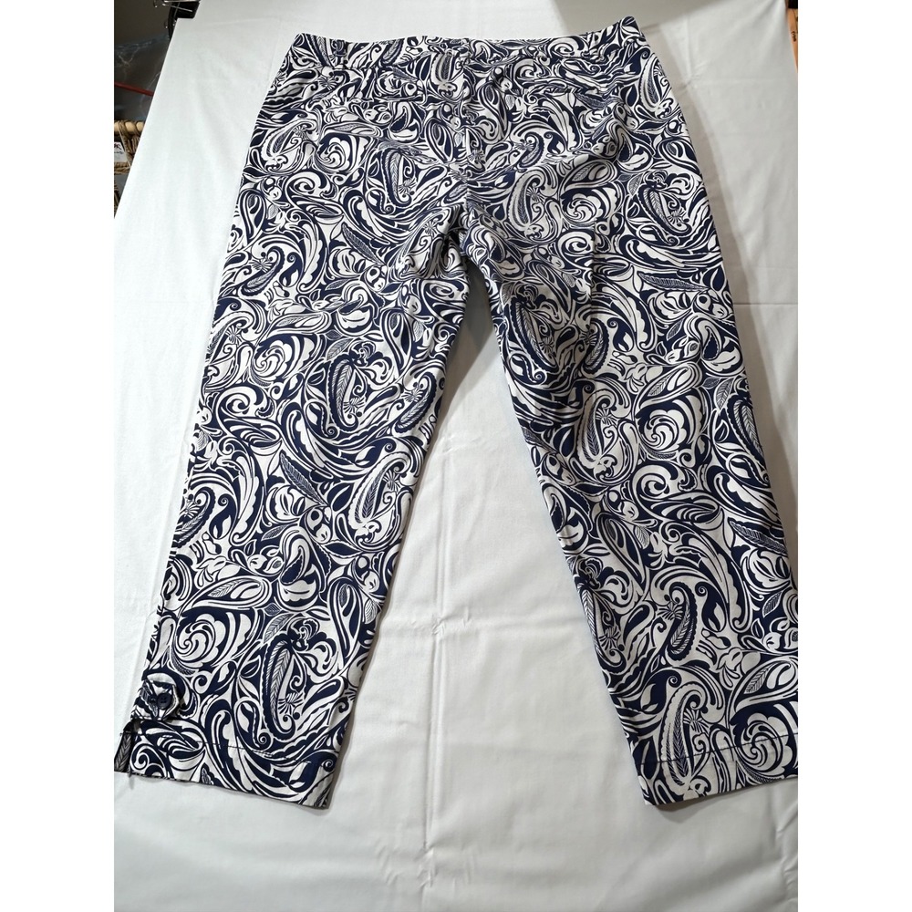 Talbots Perfect Crop Pant 16 Navy Blue White Paisley Swirl Straight Leg Trousers
